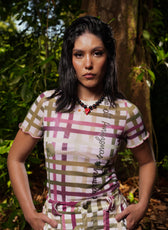 Blusa Malla Victoria en malla semitransparente con estampado de cuadros, vista frontal – Ale Ardila Studios